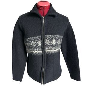 Vintage Cherokee Size Large 100% Boiled‎ Wool Collared Sweater Jacket Snowflakes
